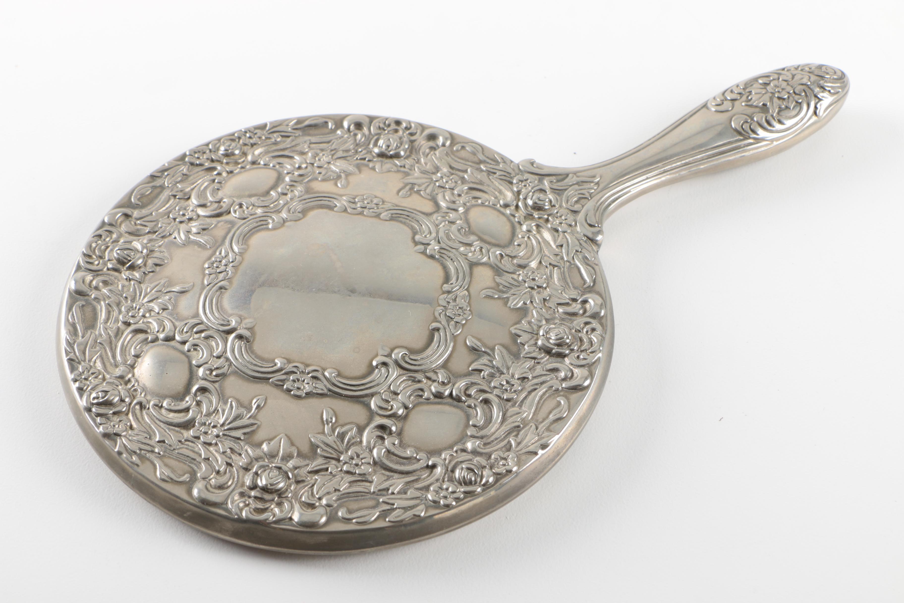 Repoussé  Silver Plate Vanity Set and Silver Tone Beaded Trinket Box