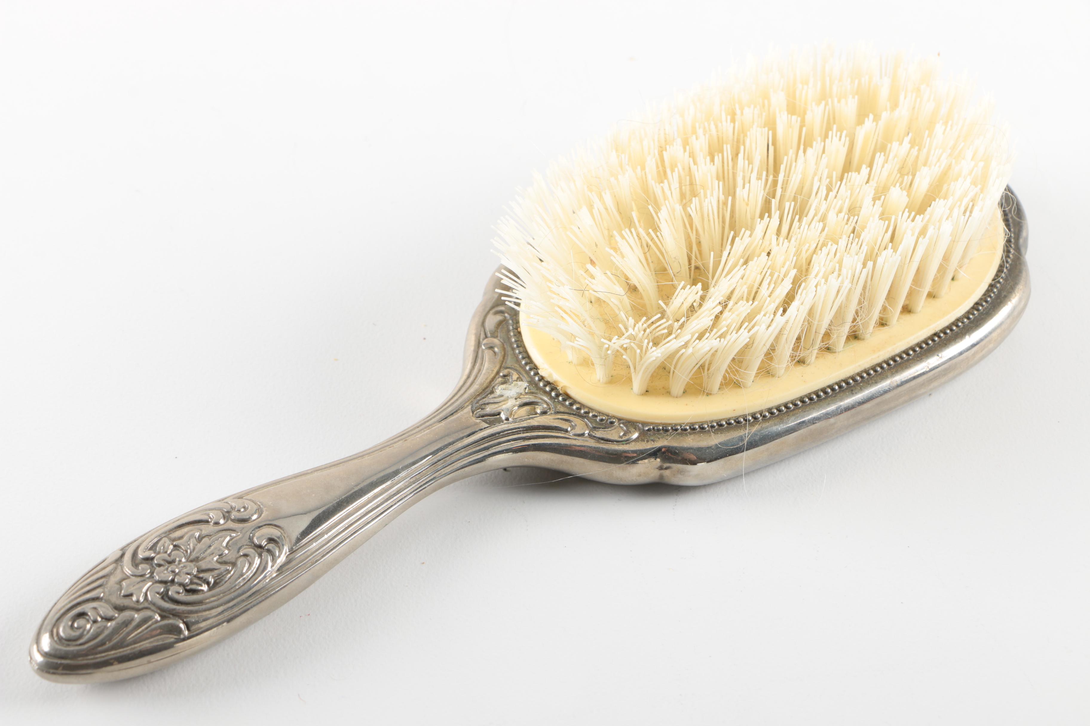 Repoussé  Silver Plate Vanity Set and Silver Tone Beaded Trinket Box