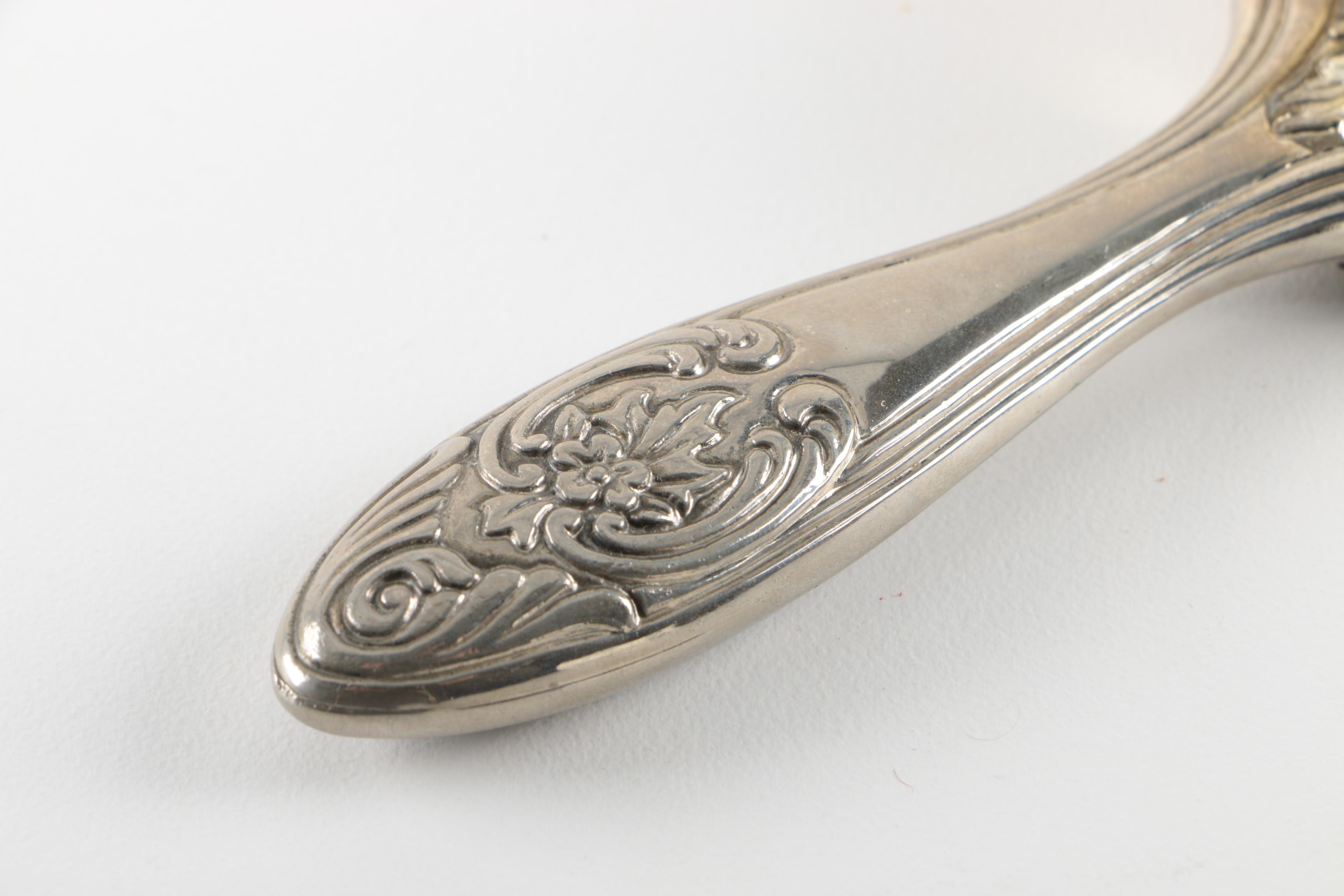 Repoussé  Silver Plate Vanity Set and Silver Tone Beaded Trinket Box