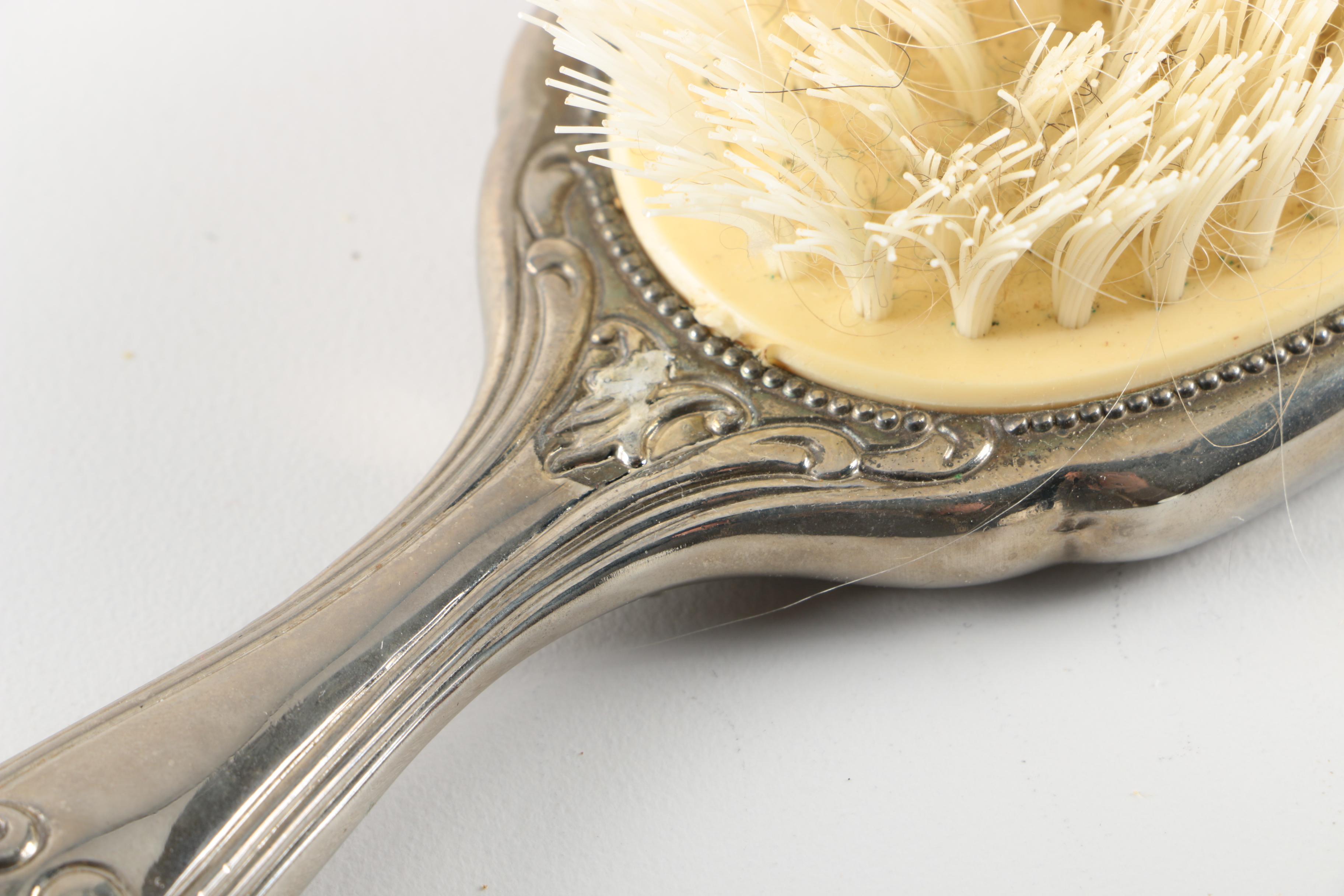 Repoussé  Silver Plate Vanity Set and Silver Tone Beaded Trinket Box