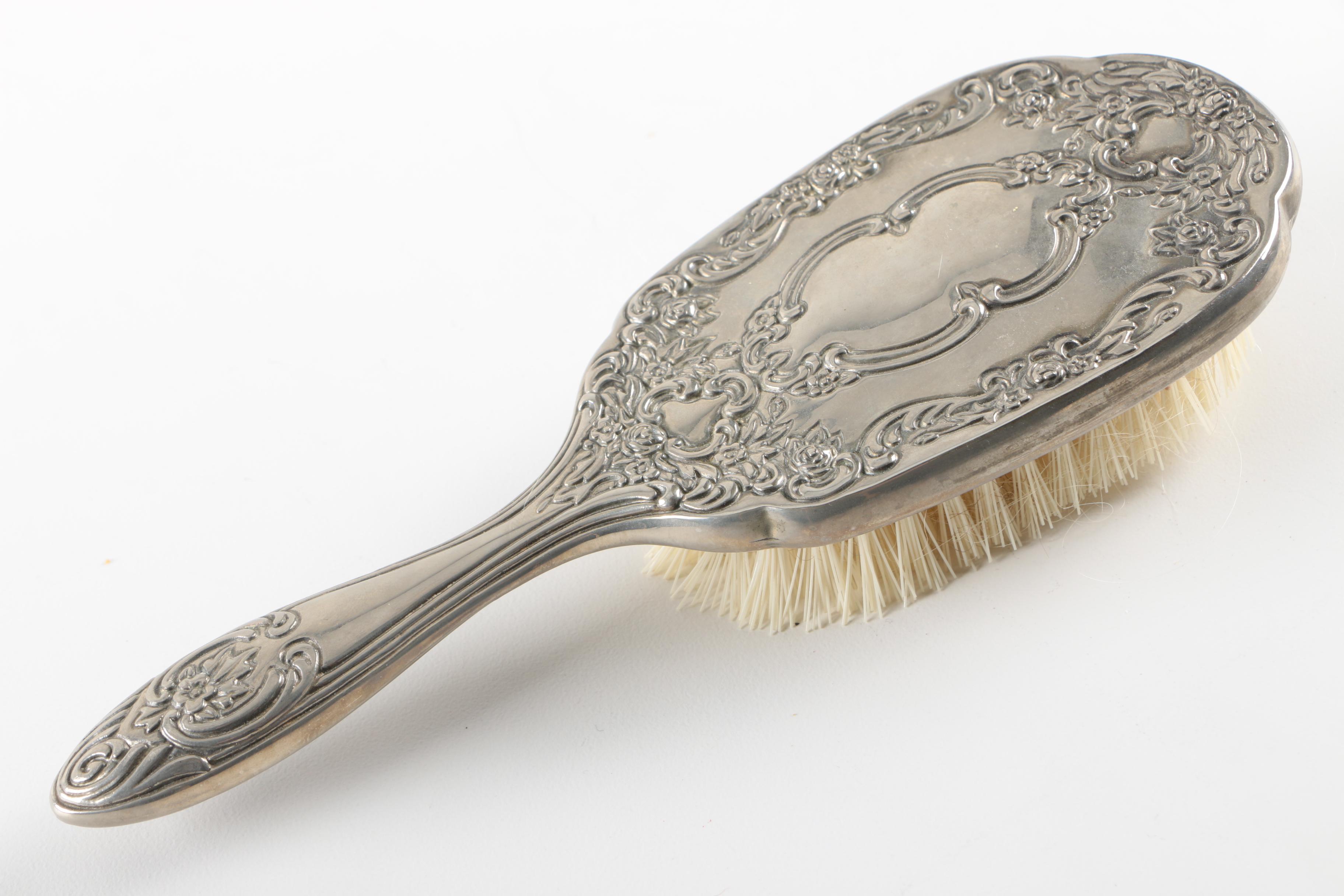 Repoussé  Silver Plate Vanity Set and Silver Tone Beaded Trinket Box