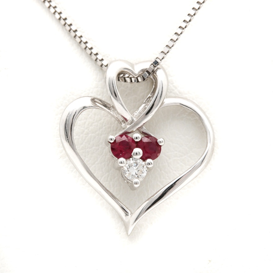 14K White Gold Ruby and Diamond Heart Necklace