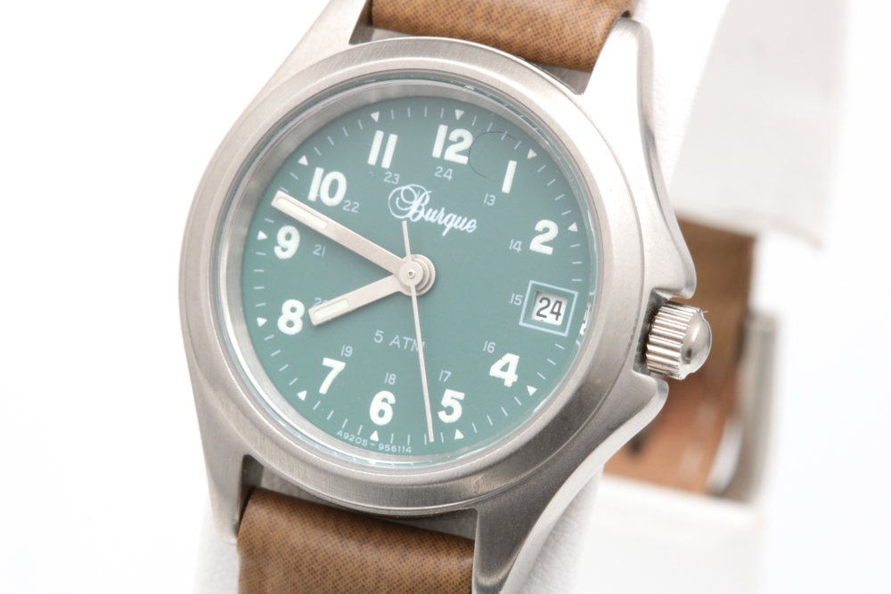 Burque Stainless Steel and Genuine Leather Band Watch