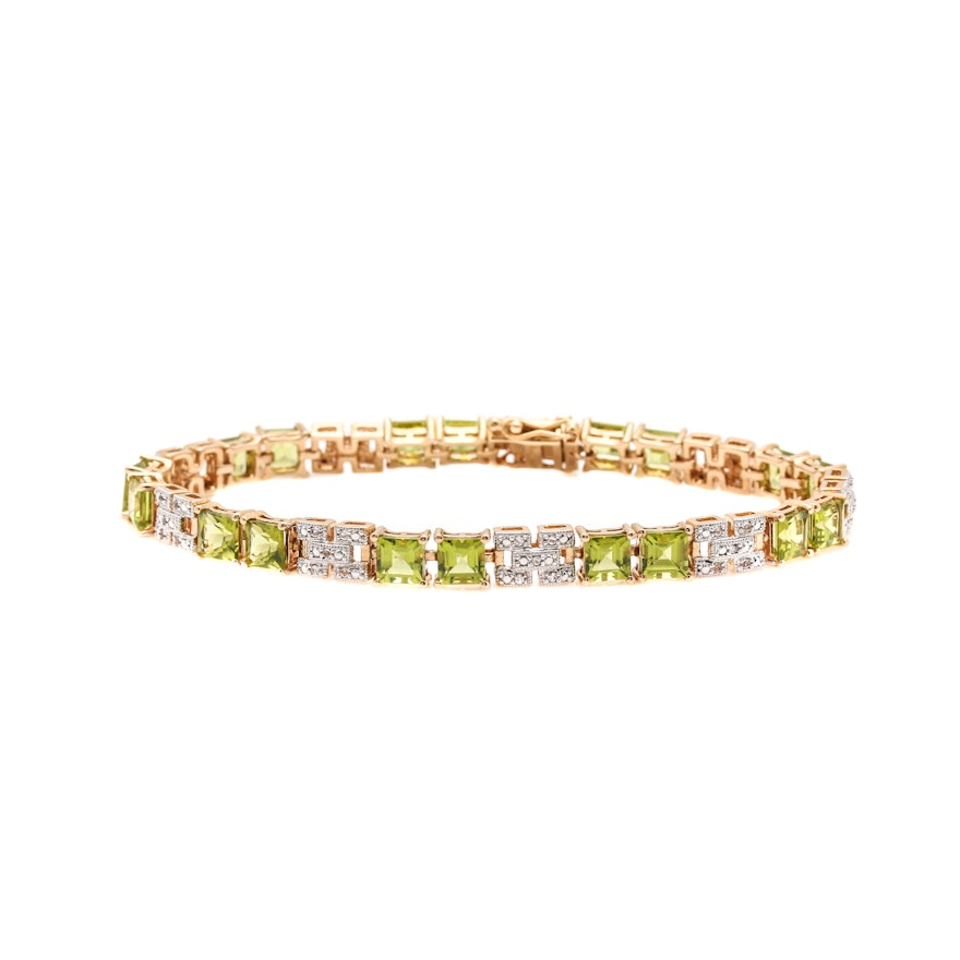 Gold Wash on Sterling Silver Peridot and White Topaz Line Bracelet