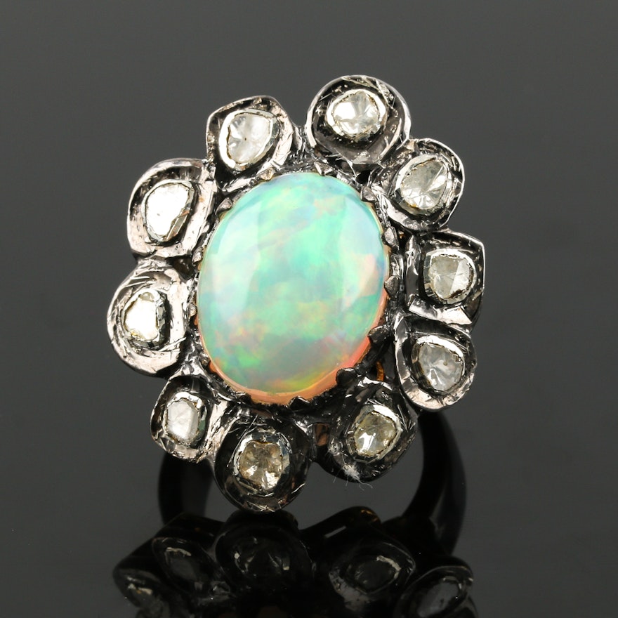 Sterling Silver Opal and Diamond Ring