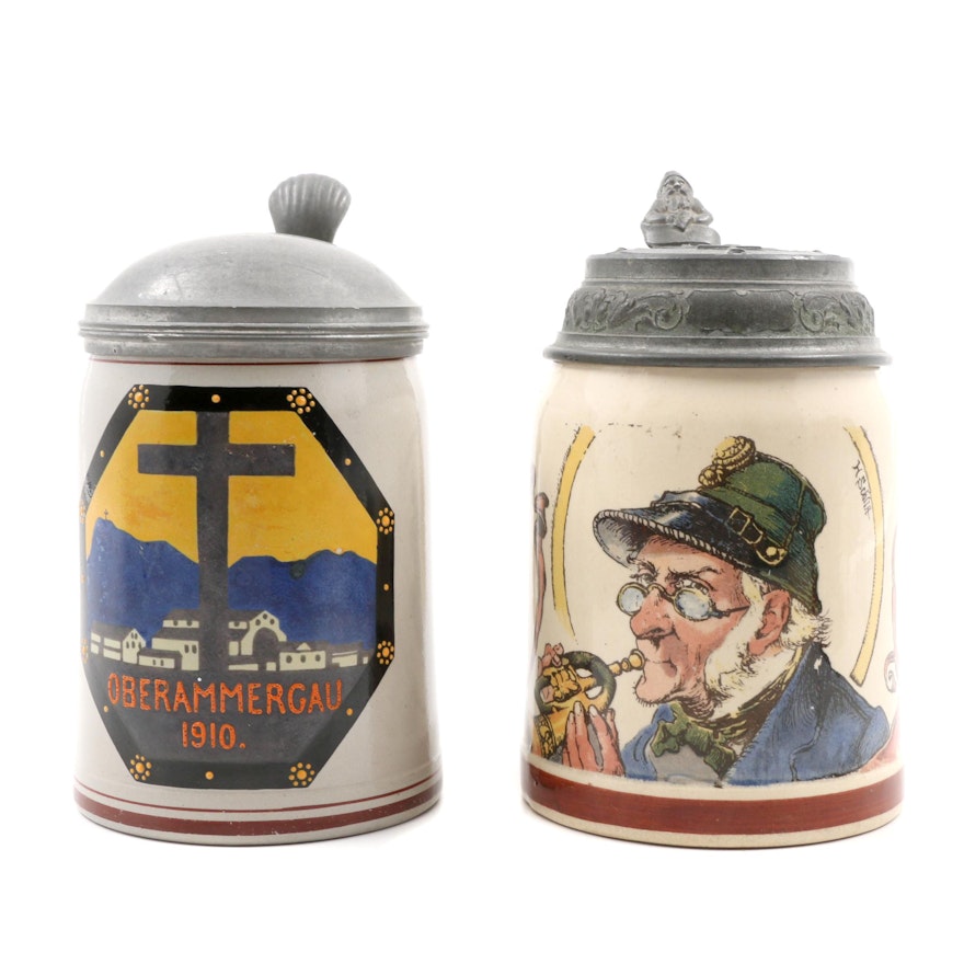 Antique German Mettlach Stein and Oberammergau Souvenir Stein 1910
