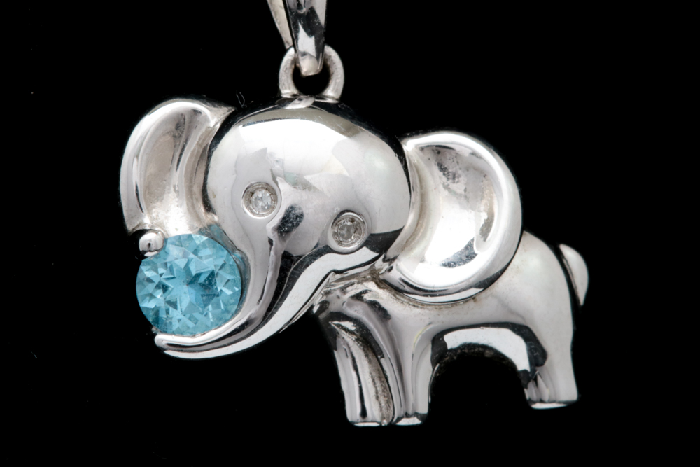 Sterling Silver, Blue Topaz and Diamond Elephant Pendant with Chain