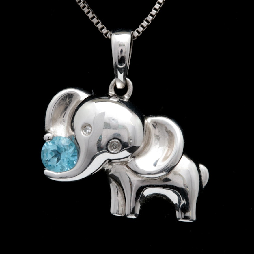 Sterling Silver, Blue Topaz and Diamond Elephant Pendant with Chain