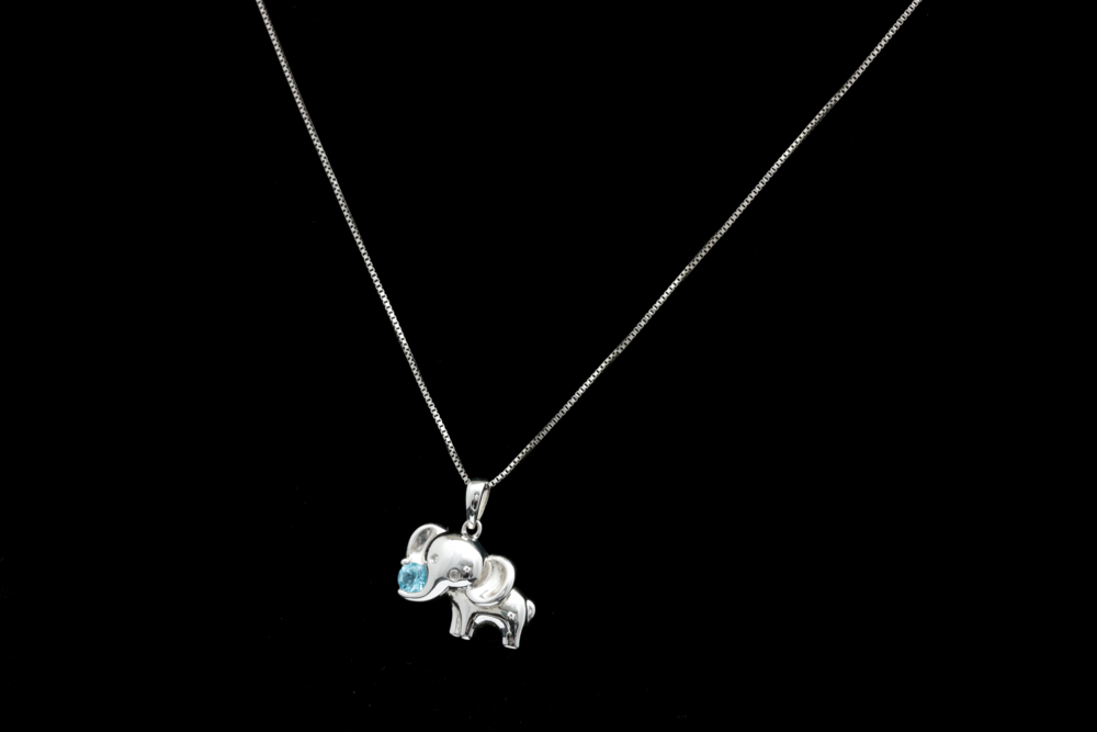 Sterling Silver, Blue Topaz and Diamond Elephant Pendant with Chain