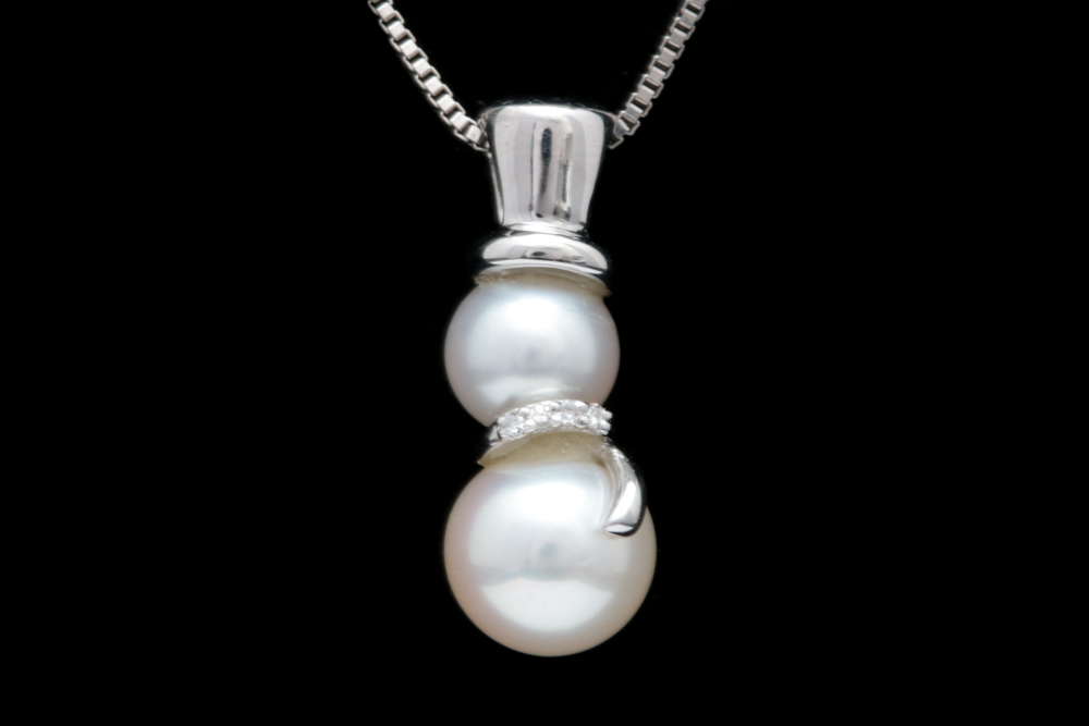 Sterling Silver, Freshwater Pearl and Diamond Snowman Pendant with Chain
