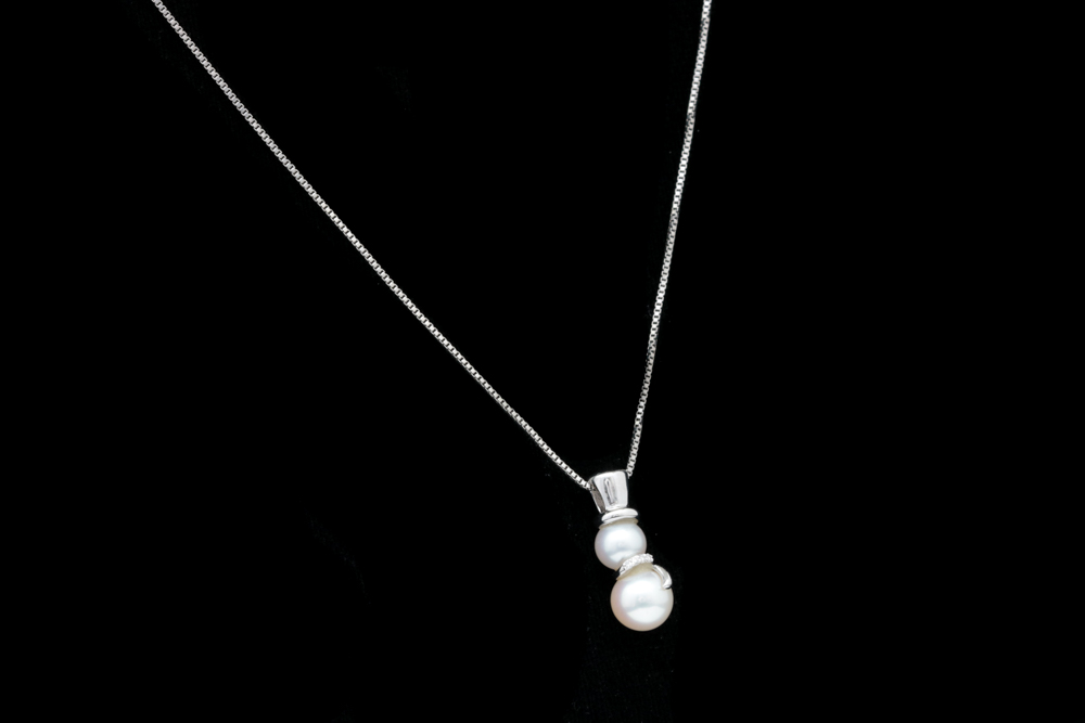 Sterling Silver, Freshwater Pearl and Diamond Snowman Pendant with Chain