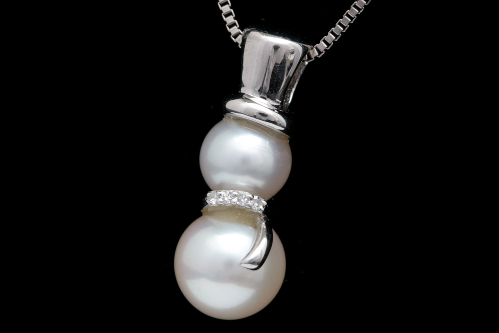 Sterling Silver, Freshwater Pearl and Diamond Snowman Pendant with Chain