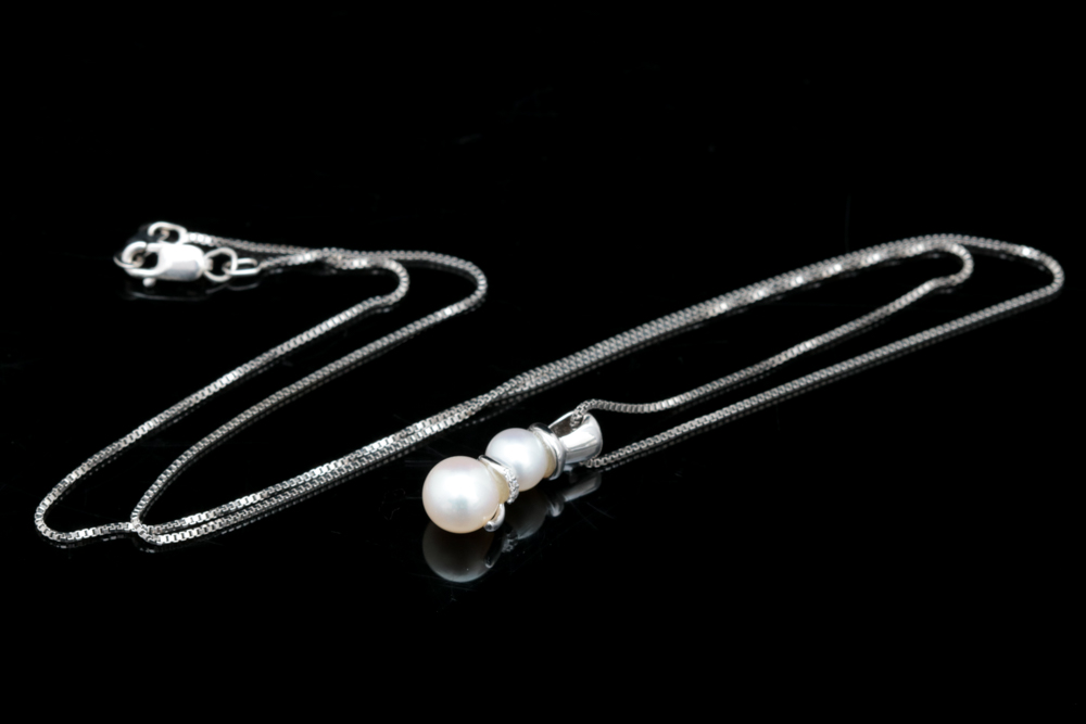 Sterling Silver, Freshwater Pearl and Diamond Snowman Pendant with Chain