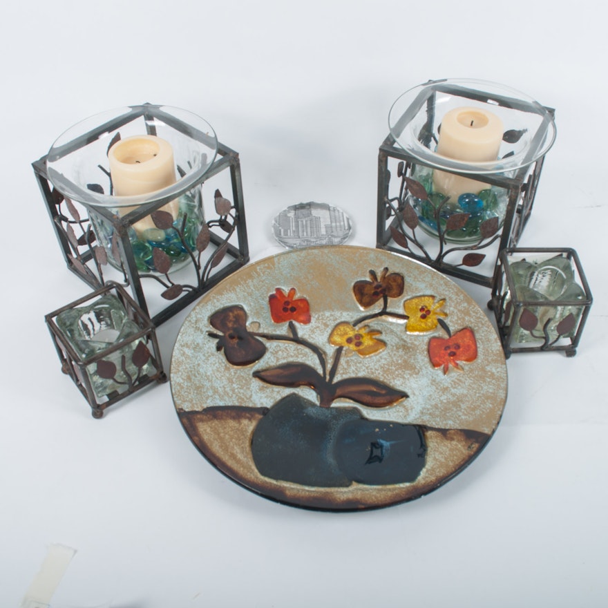 Assortment of Candle Holders and Decorative Platter