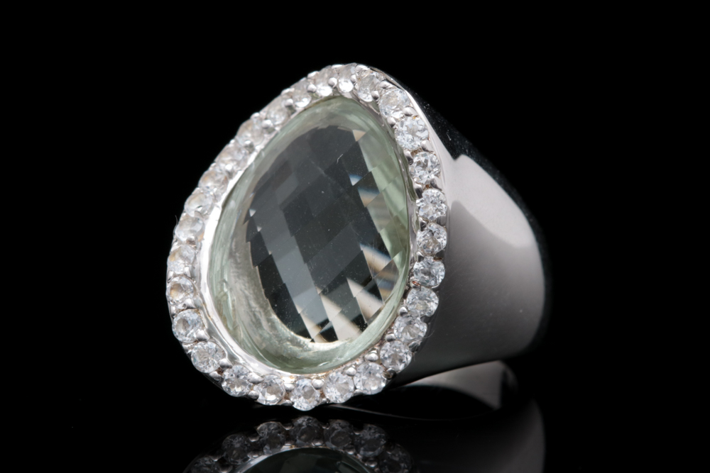 Sterling Silver, Praseolite and White Topaz Cocktail Ring