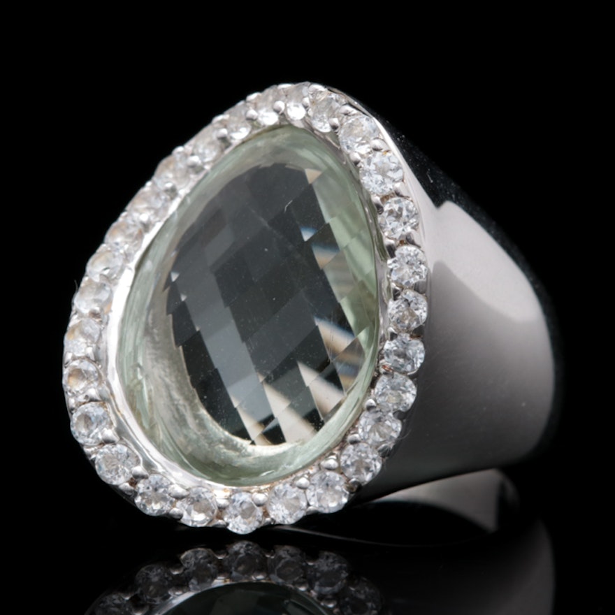 Sterling Silver, Praseolite and White Topaz Cocktail Ring