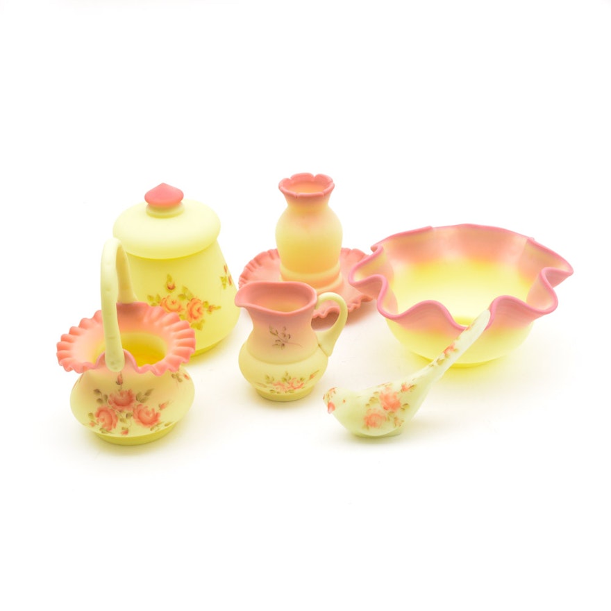 Hand-Painted Fenton Rose Satin Custard Glass Assortment