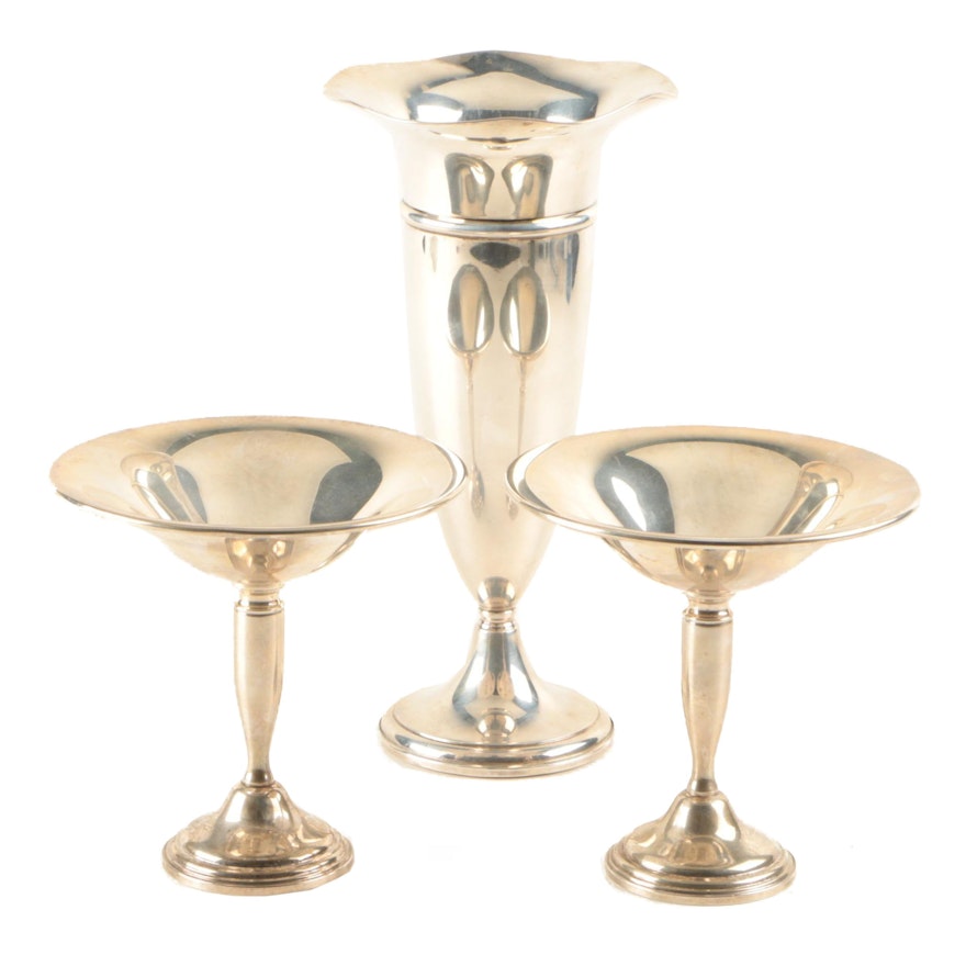 Towle and Preisner Weighted Sterling Silver Pedestal Compotes and Trumpet Vase