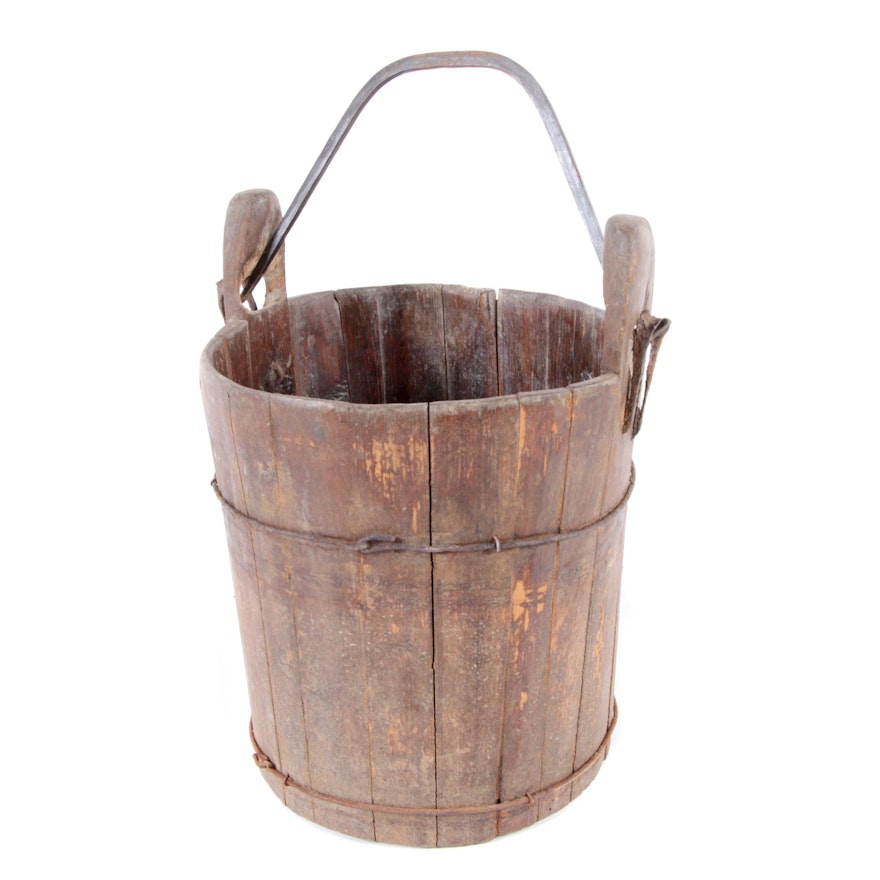 Antique Wood and Forged Iron Bucket