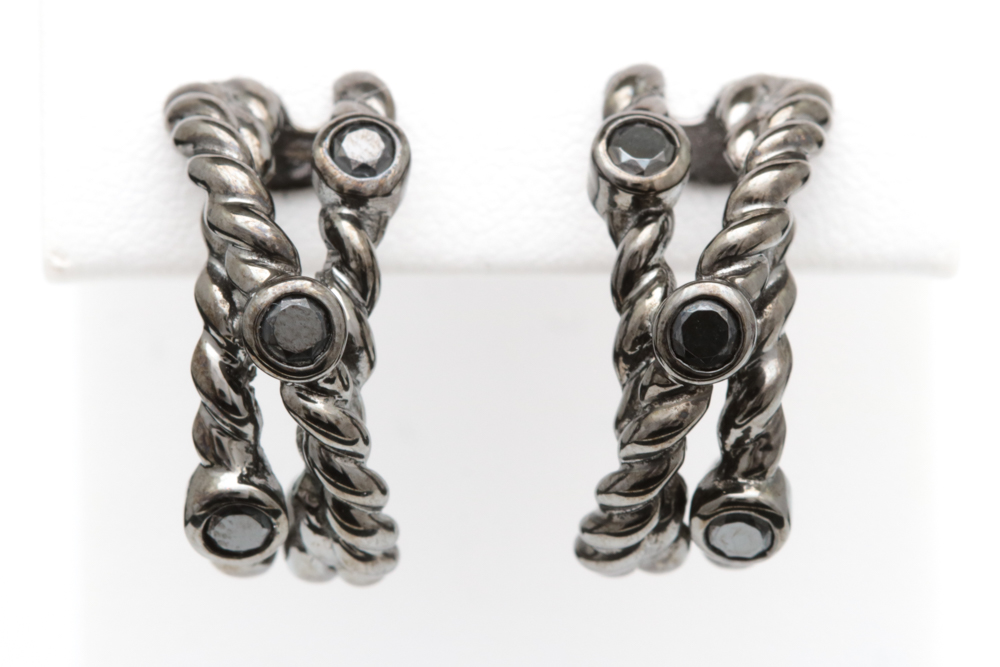 Black Rhodium Plated Sterling Silver and Black Crystal Half Hoop Earrings