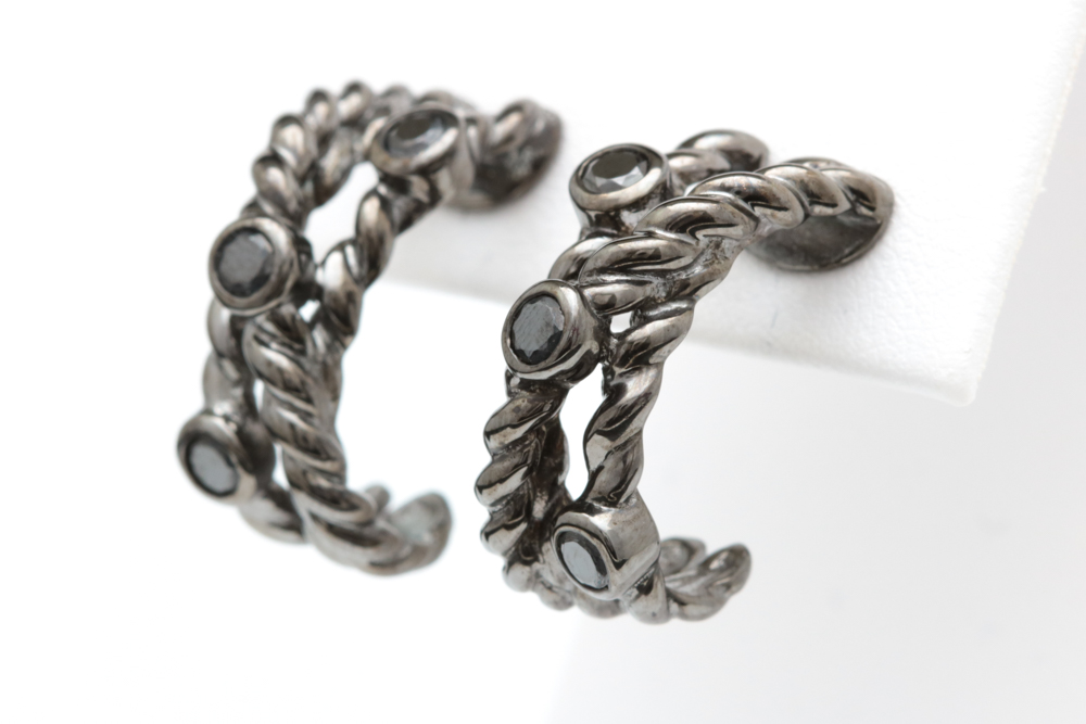 Black Rhodium Plated Sterling Silver and Black Crystal Half Hoop Earrings