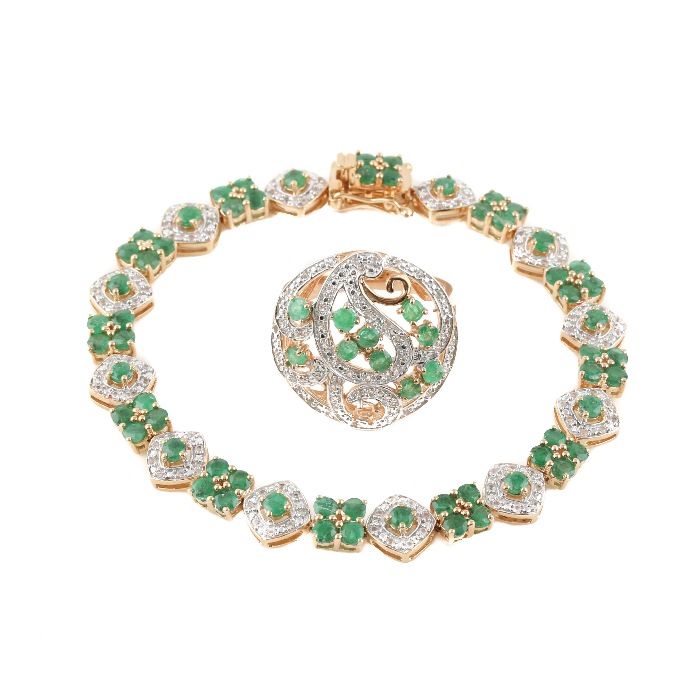 Orianne Gold Wash on Sterling Silver Emerald and White Topaz Bracelet and Ring