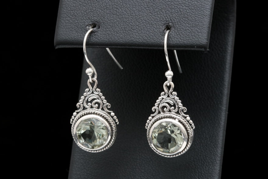 Sterling Silver and Praseolite Dangle Earrings