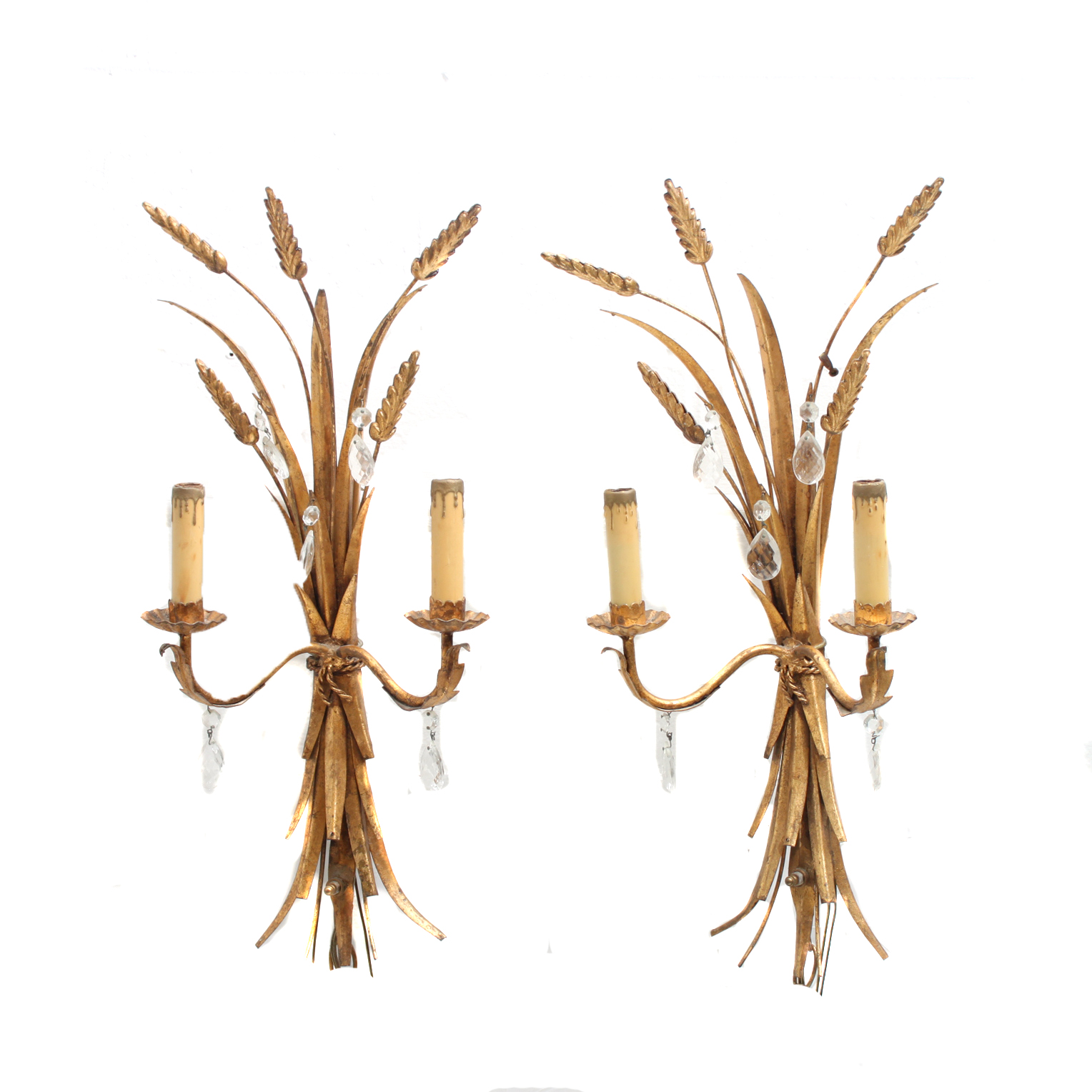 Vintage Italian Gold Tone Toleware Wheat Sheaf Wall Sconces
