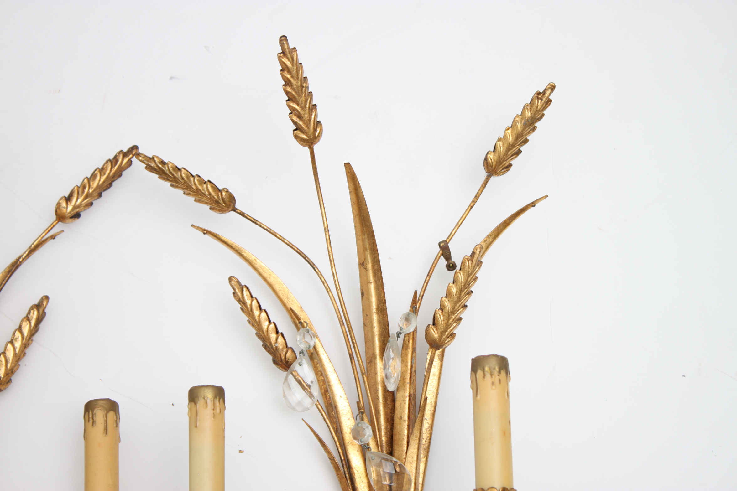 Vintage Italian Gold Tone Toleware Wheat Sheaf Wall Sconces