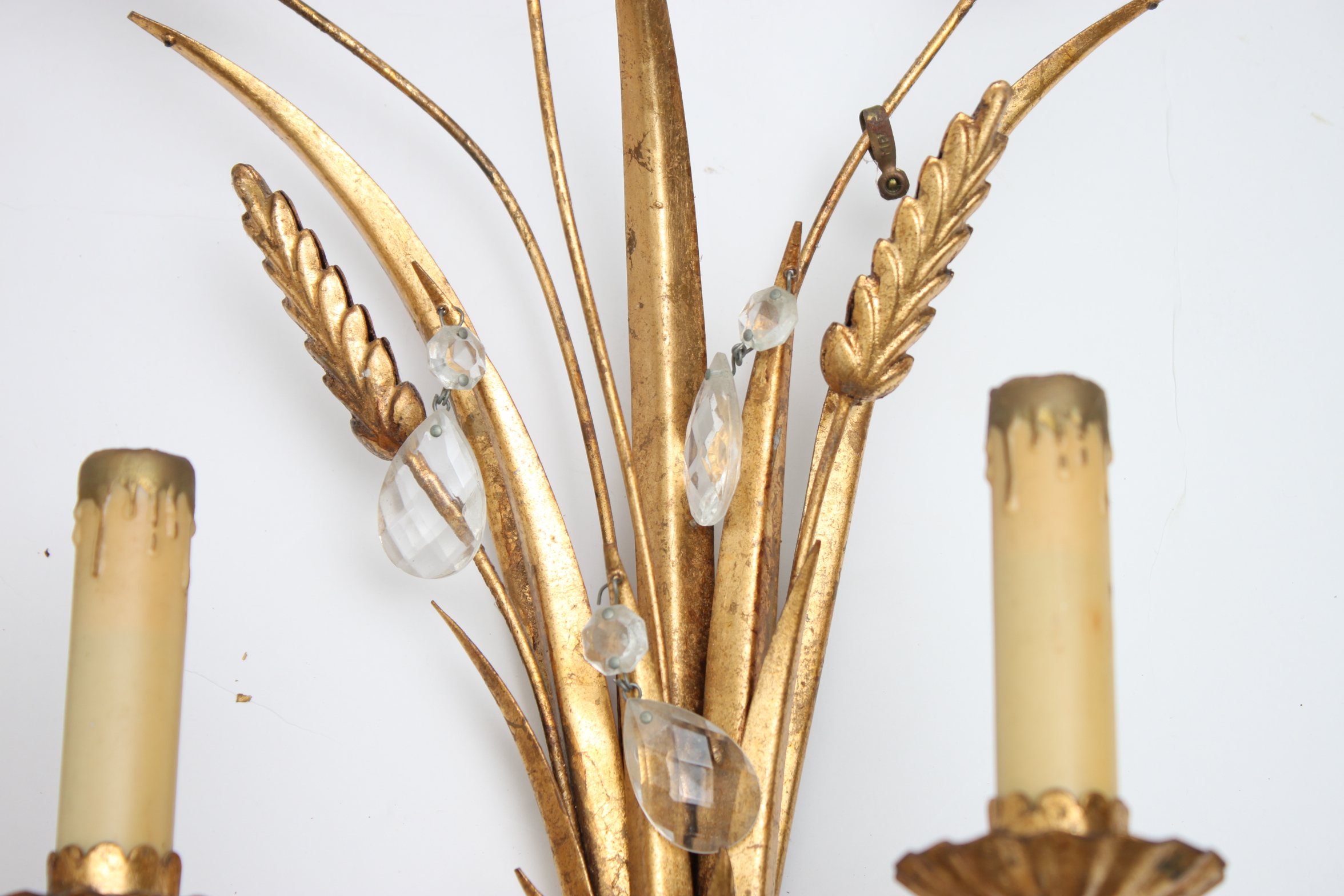 Vintage Italian Gold Tone Toleware Wheat Sheaf Wall Sconces