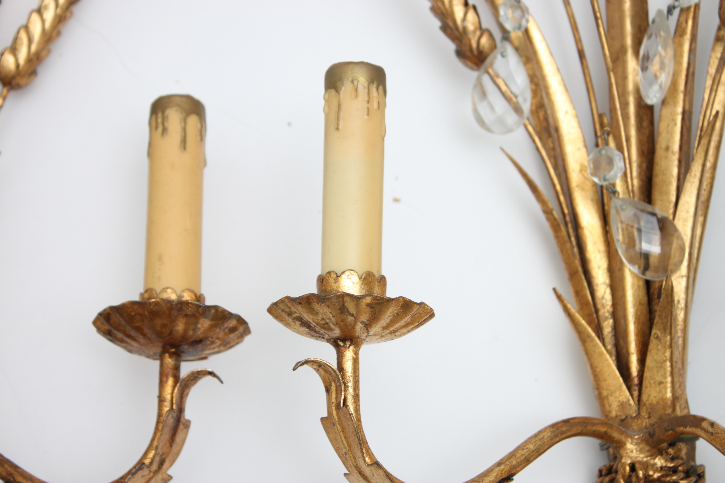 Vintage Italian Gold Tone Toleware Wheat Sheaf Wall Sconces
