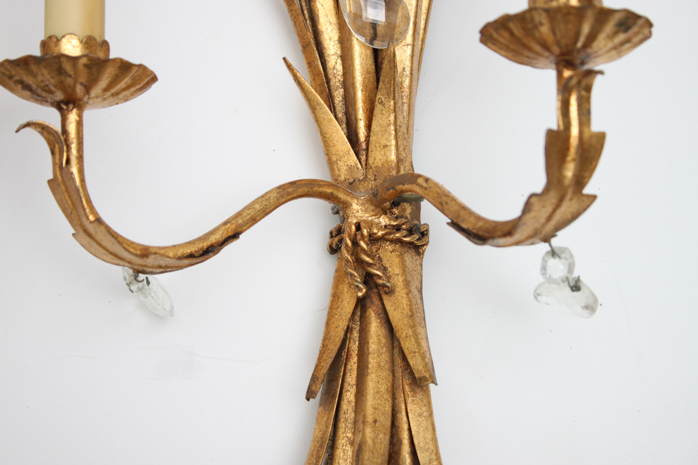 Vintage Italian Gold Tone Toleware Wheat Sheaf Wall Sconces