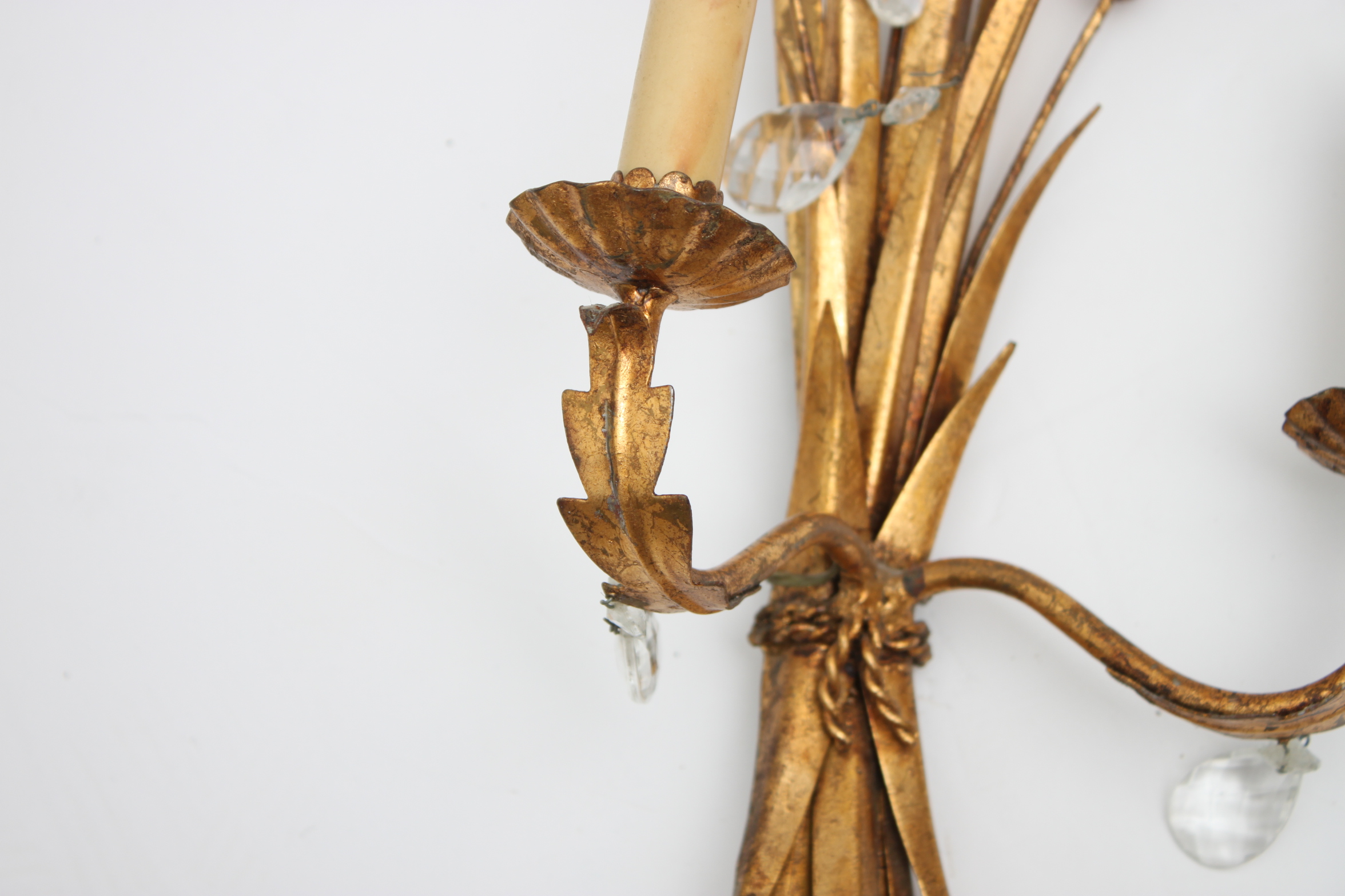 Vintage Italian Gold Tone Toleware Wheat Sheaf Wall Sconces