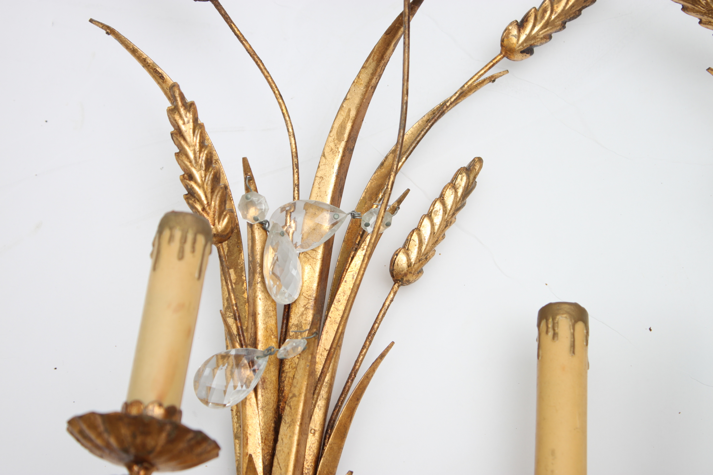 Vintage Italian Gold Tone Toleware Wheat Sheaf Wall Sconces