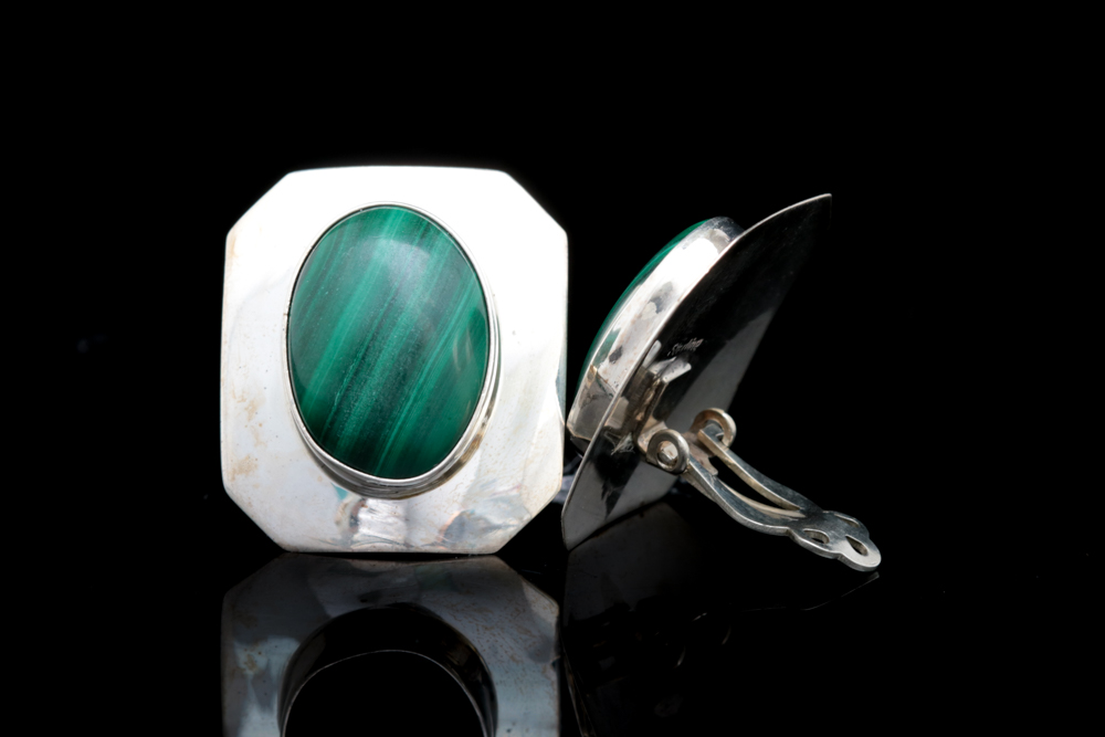 Sterling Silver and Malachite Clip On Earrings