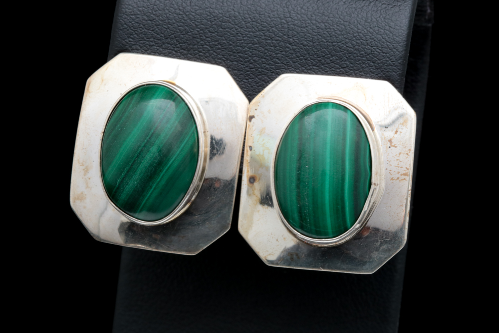 Sterling Silver and Malachite Clip On Earrings