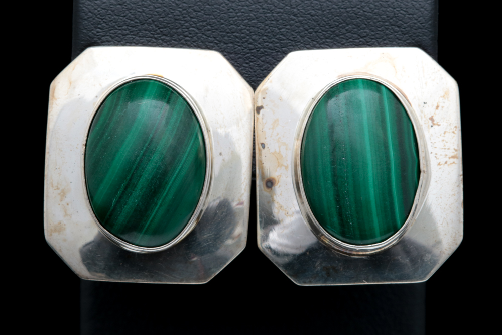 Sterling Silver and Malachite Clip On Earrings