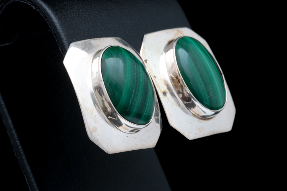 Sterling Silver and Malachite Clip On Earrings