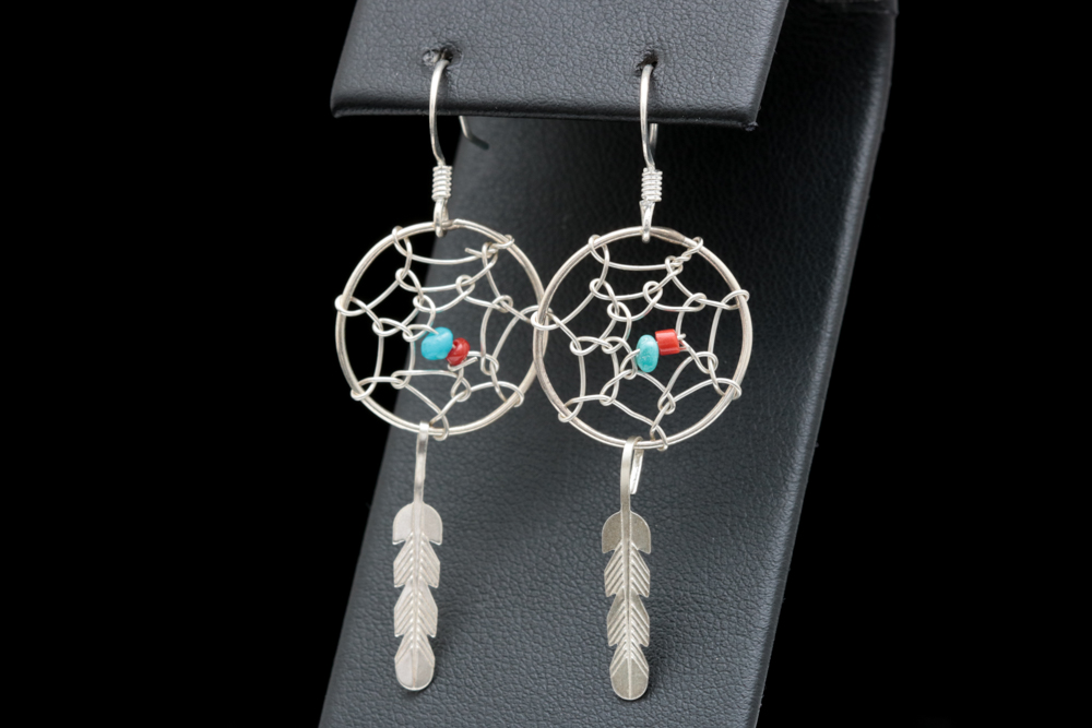 Sterling Silver, Turquoise and Coral Bead Dream Catcher Earrings