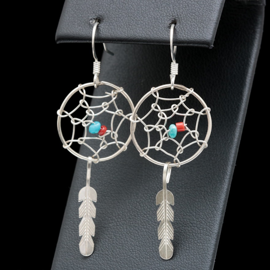 Sterling Silver, Turquoise and Coral Bead Dream Catcher Earrings