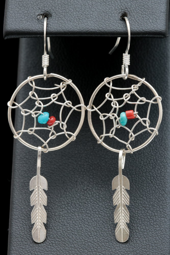 Sterling Silver, Turquoise and Coral Bead Dream Catcher Earrings