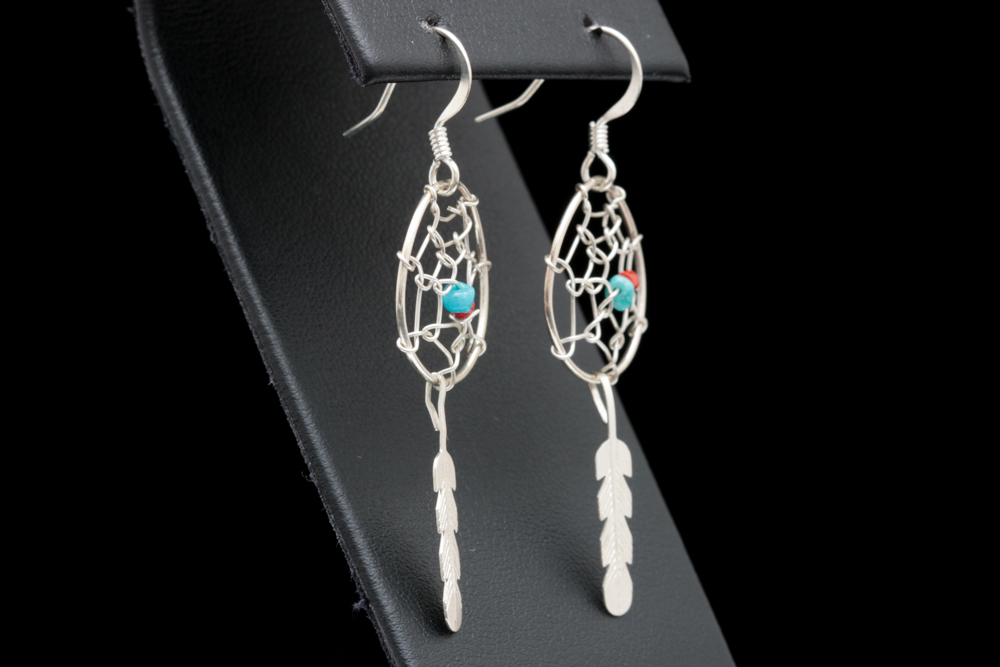 Sterling Silver, Turquoise and Coral Bead Dream Catcher Earrings