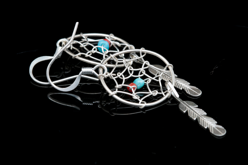 Sterling Silver, Turquoise and Coral Bead Dream Catcher Earrings