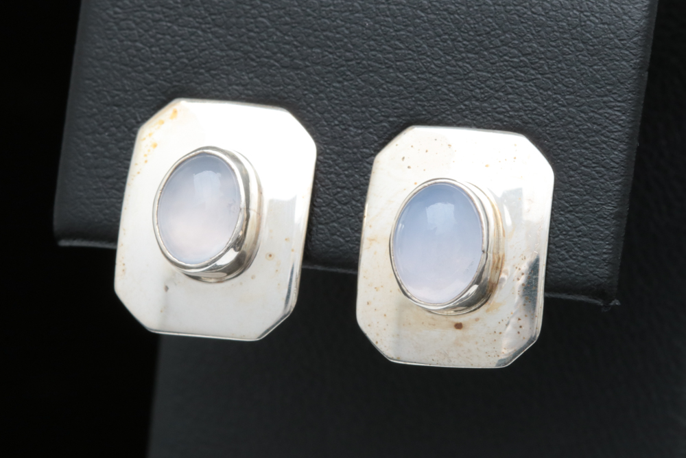Sterling Silver and Chalcedony Clip On Earrings