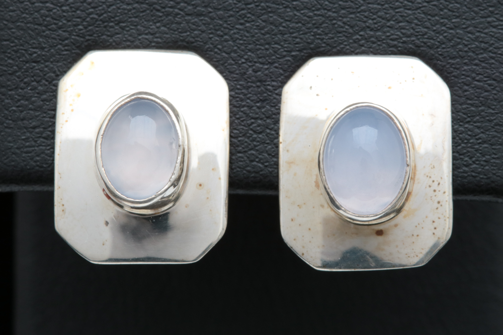 Sterling Silver and Chalcedony Clip On Earrings