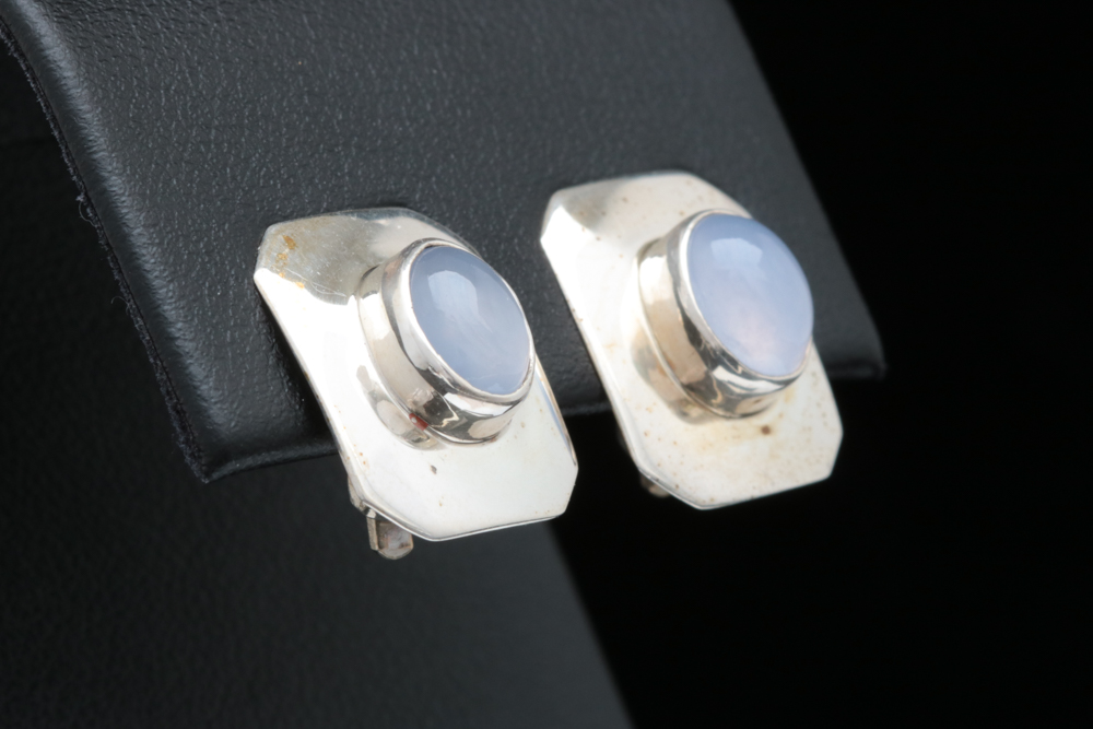 Sterling Silver and Chalcedony Clip On Earrings