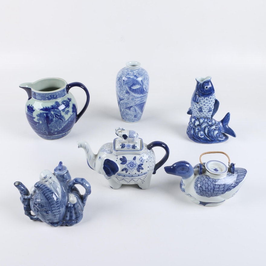 Assorted Blue and White Serveware and Vases