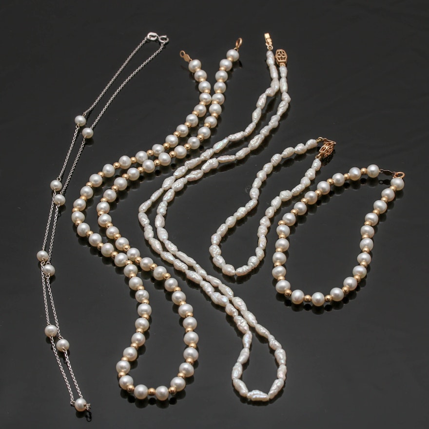 14K Yellow and White Gold Pearl Necklaces and Bracelets