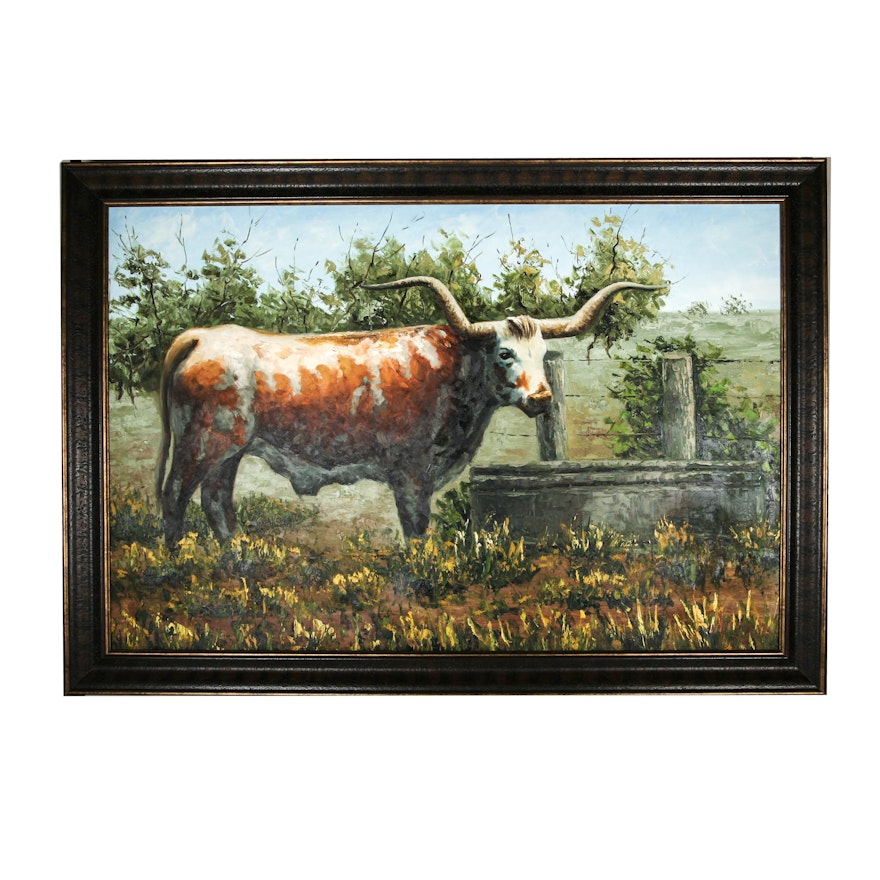 Oil Painting on Canvas of Texas Longhorn Cow