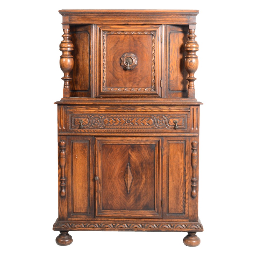 Vintage Jacobean Revival Carved Oak Cabinet by Bernhardt Furniture Co.